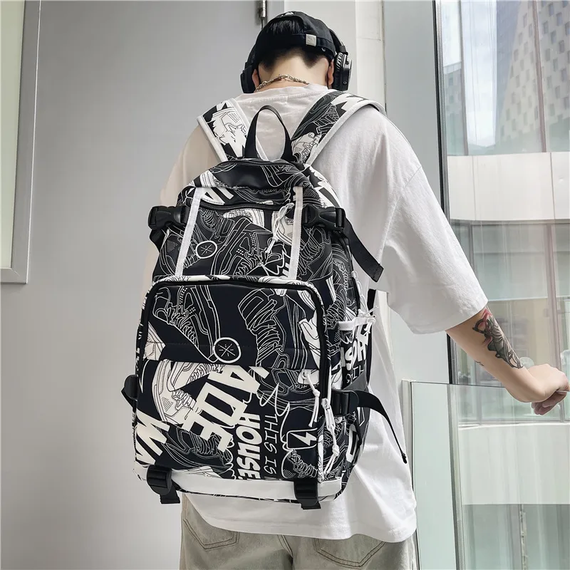 Deli Bear Nylon Backpack Backpack Travel Backpack Regular Unisex Washed White/Letter Black/Camouflage Black/Shoes White-17