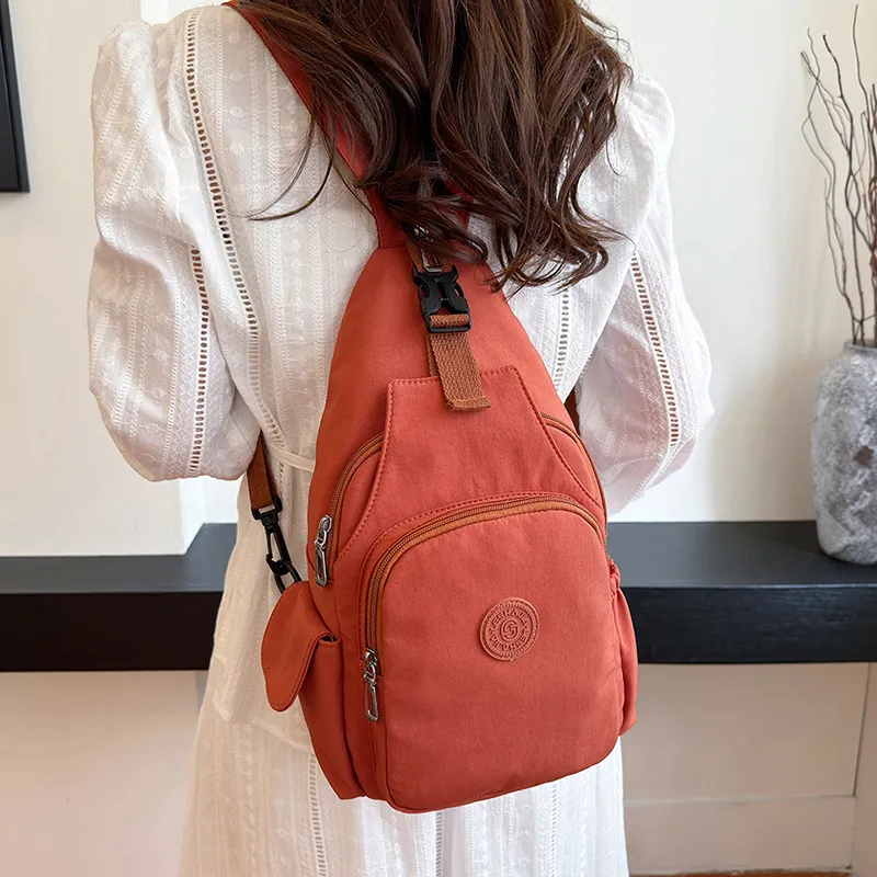 OUZIHUANG Nylon Fabric Crossbody Double Shoulder Sling Bag Unisex Black/Mandarin/Ecru-3