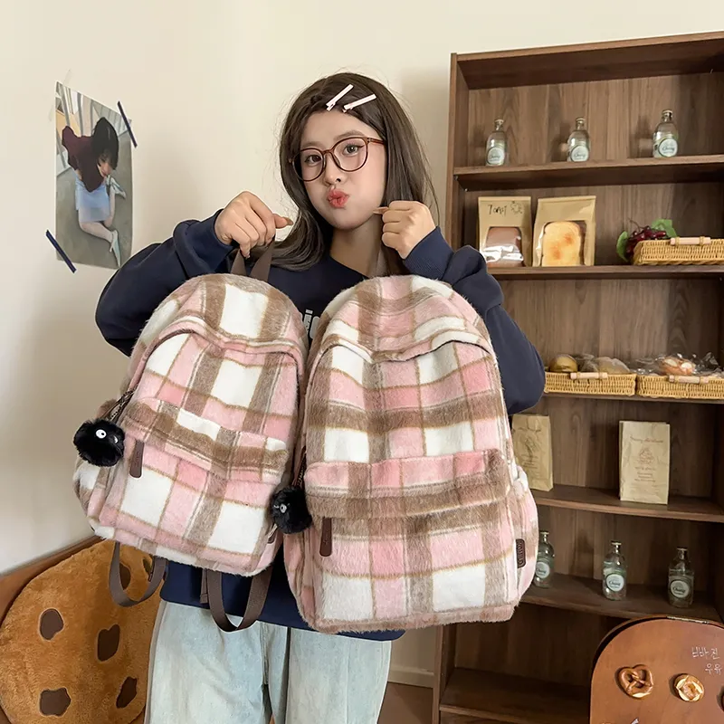OUZIHUANG Woolen Backpack Regular Women's Pink/Green/Brown/Purple-2