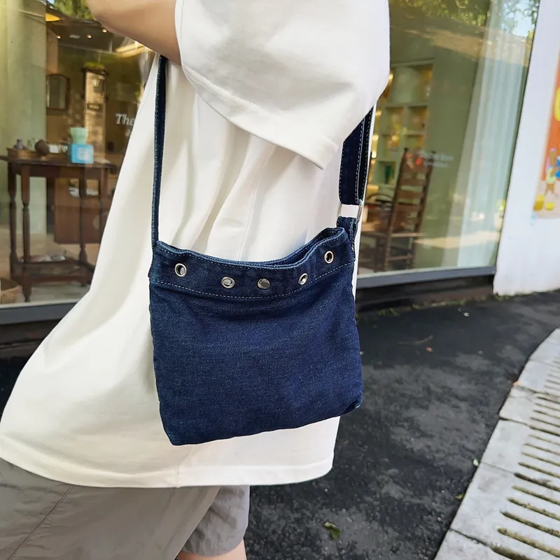 OUZIHUANG Denim Crossbody Bag Unisex Dark Blue/Light Blue-3