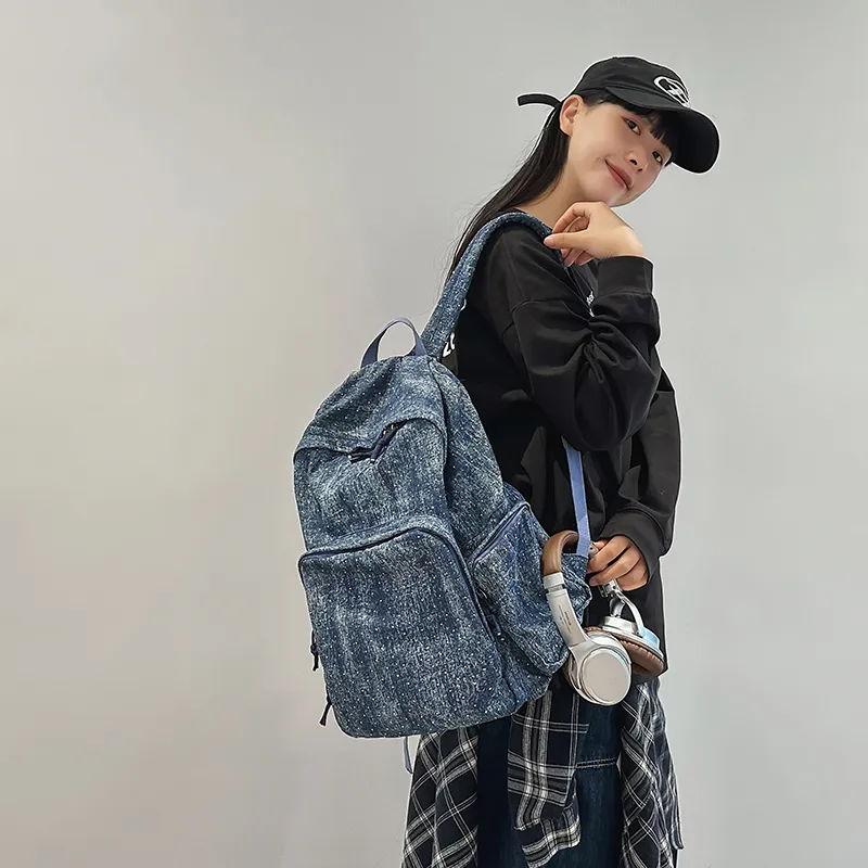 OUZIHUANG Denim Backpack Regular Unisex Black/Dark Blue/Light Blue-9