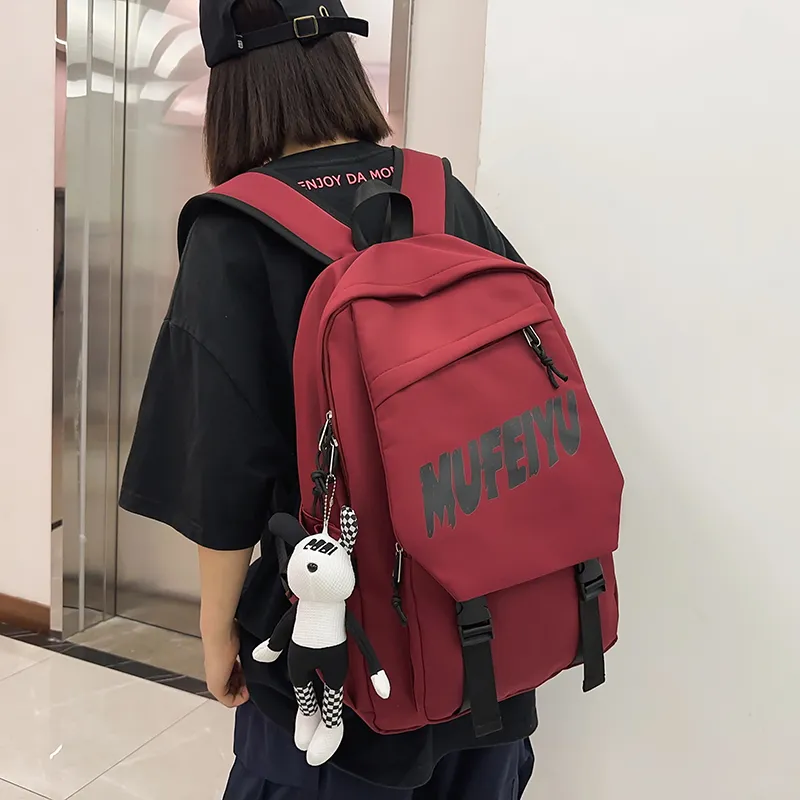 Deli Bear Nylon Fabric Backpack Regular Unisex Black/Red/White/Gray-2