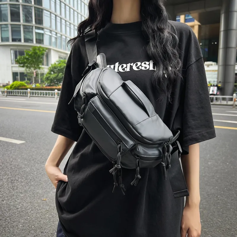 OUZIHUANG Nylon Fabric Handbag Shoulder Bag Crossbody Bag Fanny Pack Sling Bag Regular Unisex Black/Gray-4