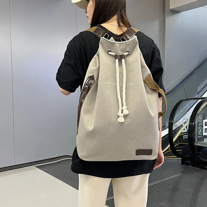 Deli Bear Canvas Backpack Unisex Light Gray/Black/Khaki-1