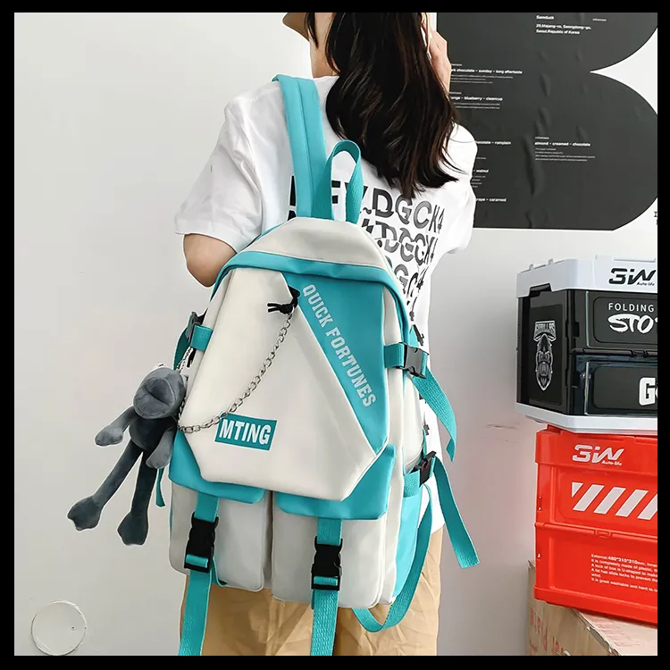 Deli Bear Nylon Fabric Backpack Regular Unisex Cyan/Blue/Gray/Black-4