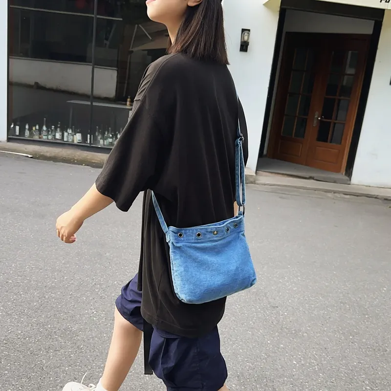 OUZIHUANG Denim Crossbody Bag Unisex Dark Blue/Light Blue-6
