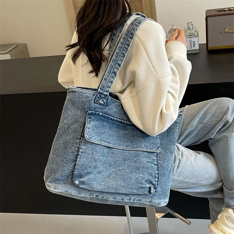 OUZIHUANG Denim One Shoulder Handbag Women's Dark Tea/Blue-13