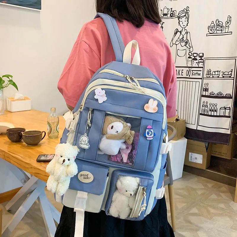 Deli Bear Canvas Backpack Regular Women's Blue/Purple/Pink/Green/Black-11