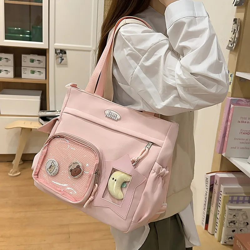 OUZIHUANG Nylon With PVC Shoulder Bag Unisex Black/Pink/Yellow/White/Blue-4