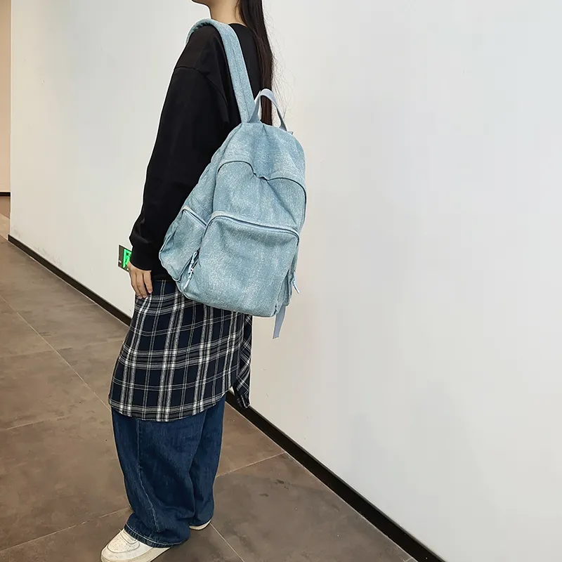 OUZIHUANG Denim Backpack Regular Unisex Black/Dark Blue/Light Blue-13