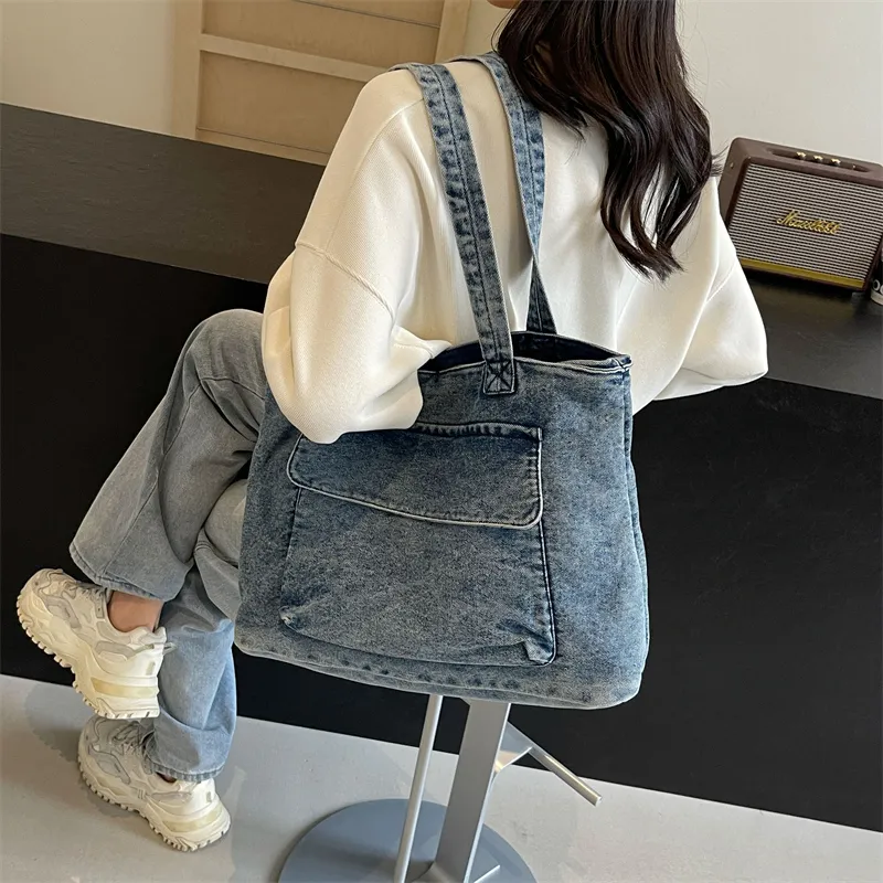 OUZIHUANG Denim One Shoulder Handbag Women's Dark Tea/Blue-17