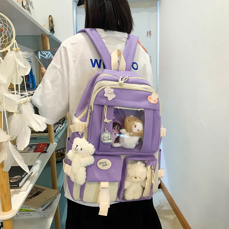 Deli Bear Canvas Backpack Regular Women's Blue/Purple/Pink/Green/Black-1