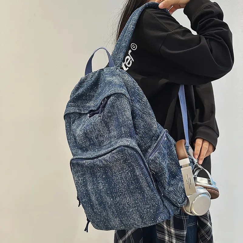 OUZIHUANG Denim Backpack Regular Unisex Black/Dark Blue/Light Blue-7