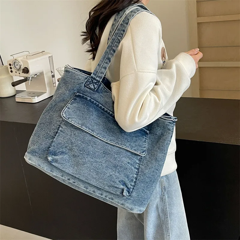 OUZIHUANG Denim One Shoulder Handbag Women's Dark Tea/Blue-14