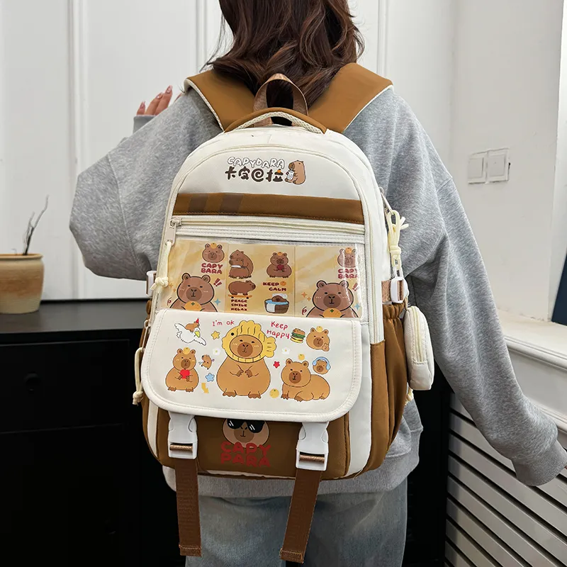Deli Bear Nylon Fabric Backpack Regular Unisex Pink/Purple/Brown/Black/Blue-7