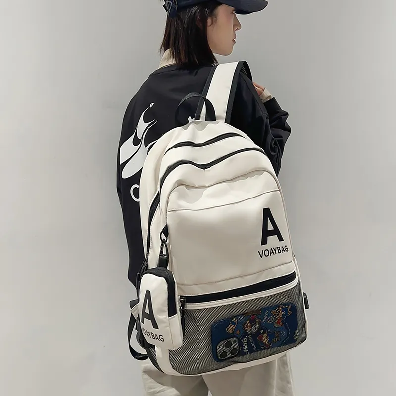 OUZIHUANG Nylon Backpack Unisex Black/White/Gray/Khaki-6