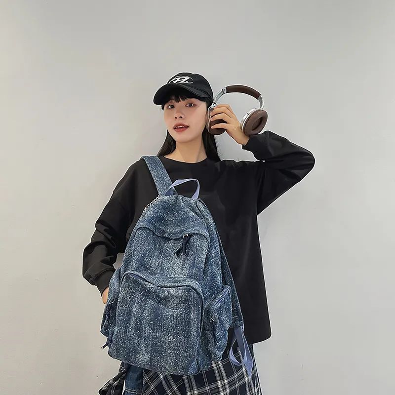 OUZIHUANG Denim Backpack Regular Unisex Black/Dark Blue/Light Blue-10