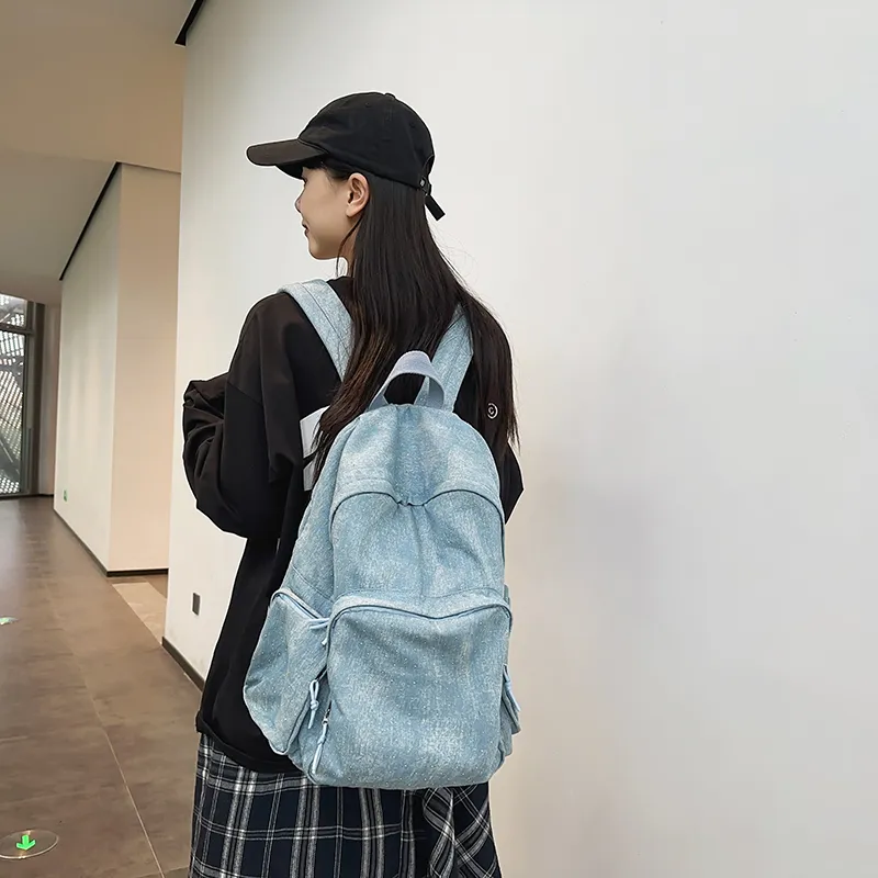 OUZIHUANG Denim Backpack Regular Unisex Black/Dark Blue/Light Blue-14