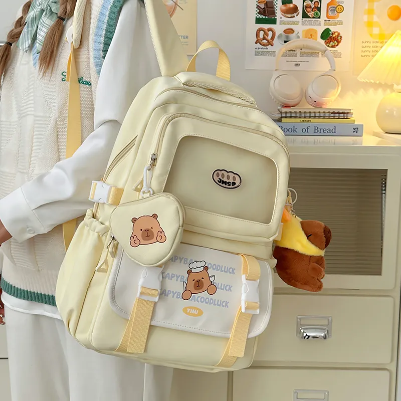 Deli Bear Polyester Backpack Unisex Pink/White/Yellow/Khaki/Black-14
