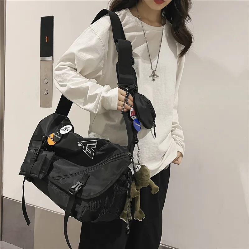 Deli Bear Nylon Travel Backpack Workwear Bag Crossbody Bag Shoulder Bag Unisex Black-8