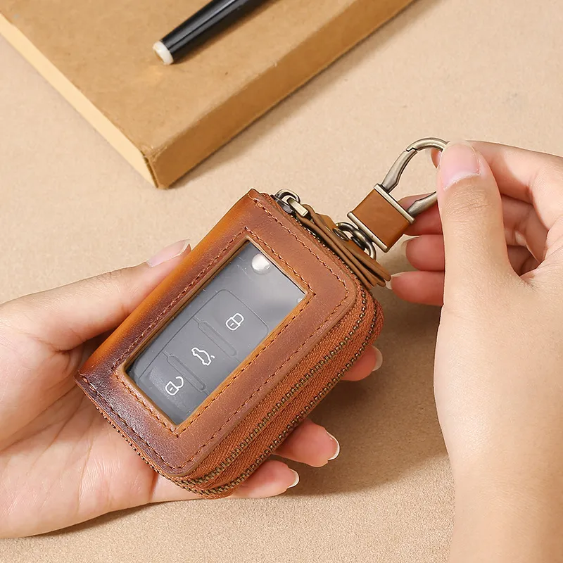 OUZIHUANG Cow Leather Key Pouch Small Size Men's Brown-2