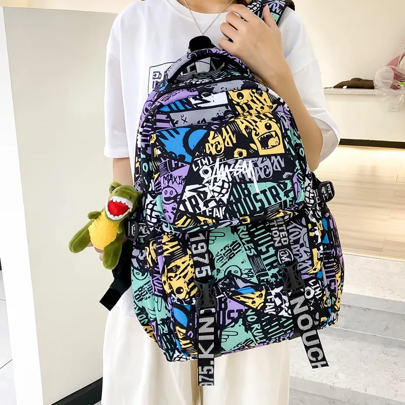 Deli Bear Nylon Fabric Backpack Large Size Unisex Green/Multicolor/White/Black White-10