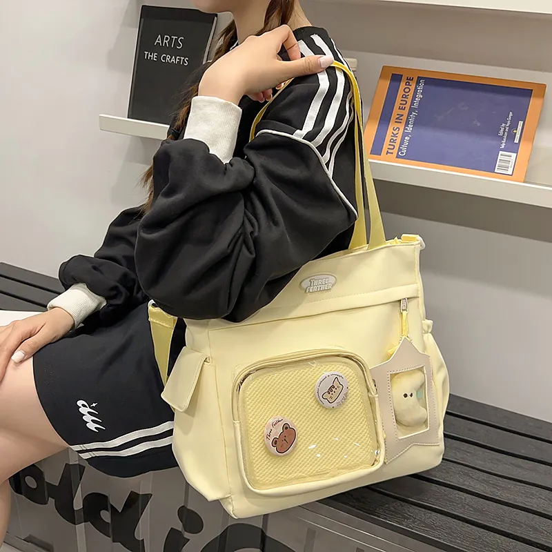 OUZIHUANG Nylon With PVC Shoulder Bag Unisex Black/Pink/Yellow/White/Blue-7
