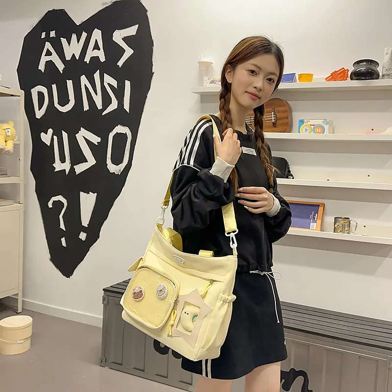 OUZIHUANG Nylon With PVC Shoulder Bag Unisex Black/Pink/Yellow/White/Blue-8
