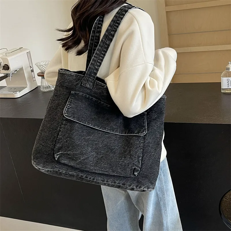 OUZIHUANG Denim One Shoulder Handbag Women's Dark Tea/Blue-2
