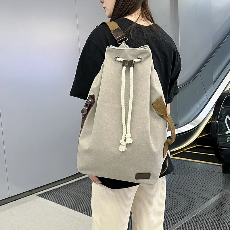 Deli Bear Canvas Backpack Unisex Light Gray/Black/Khaki-2