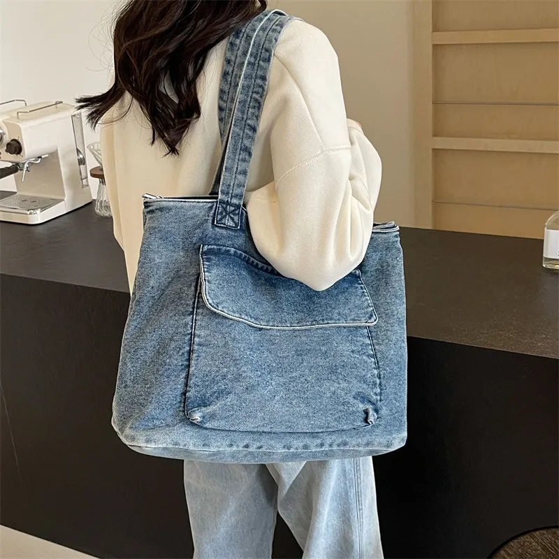 OUZIHUANG Denim One Shoulder Handbag Women's Dark Tea/Blue-12