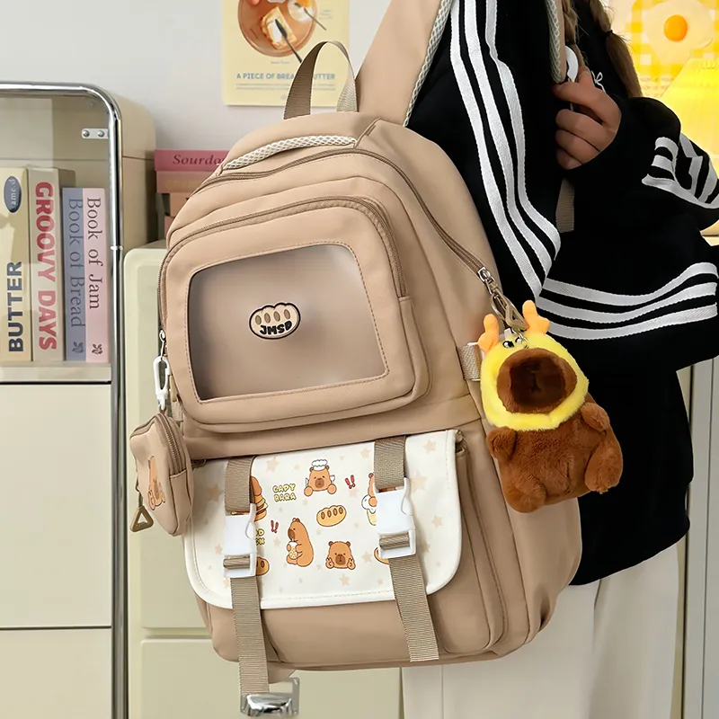 Deli Bear Polyester Backpack Unisex Pink/White/Yellow/Khaki/Black-18