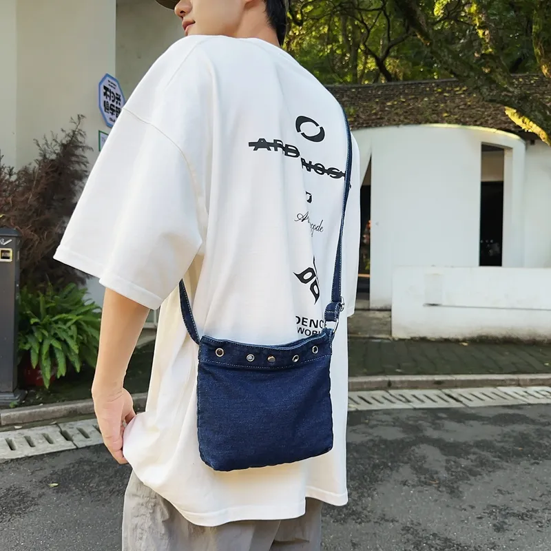 OUZIHUANG Denim Crossbody Bag Unisex Dark Blue/Light Blue-2