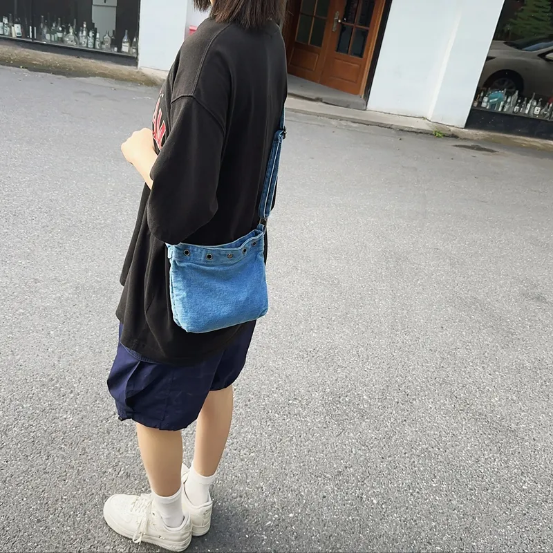OUZIHUANG Denim Crossbody Bag Unisex Dark Blue/Light Blue-5