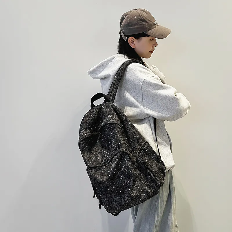 OUZIHUANG Denim Backpack Regular Unisex Black/Dark Blue/Light Blue-3