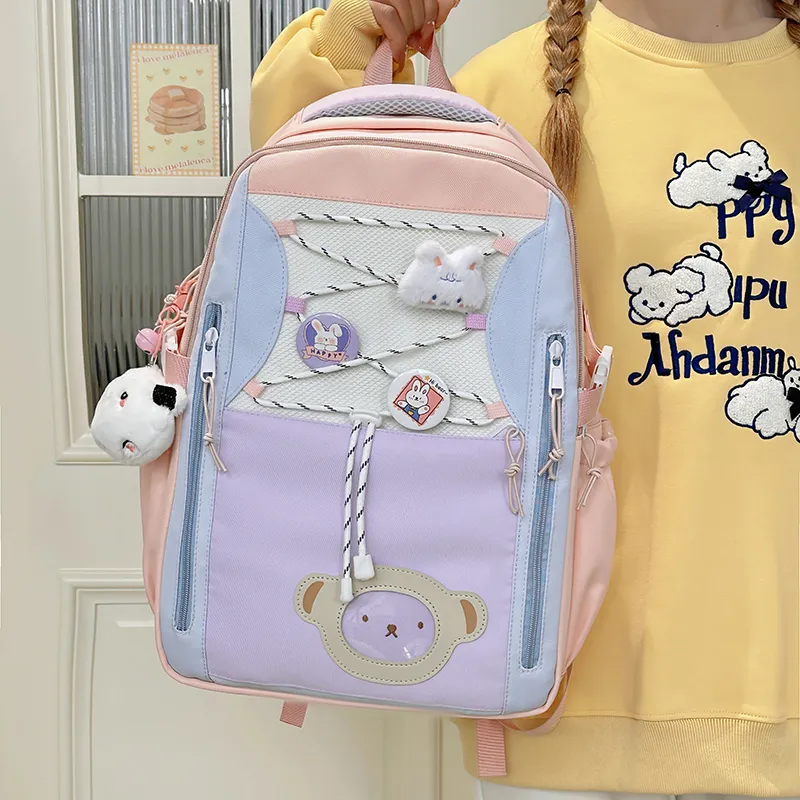 Deli Bear Polyester Backpack Women's Pink/Purple/Blue/Black/Yellow-1