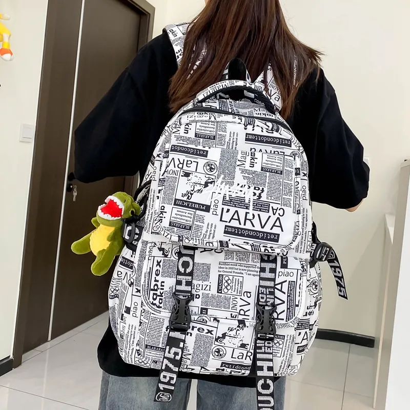 Deli Bear Nylon Fabric Backpack Large Size Unisex Green/Multicolor/White/Black White-4