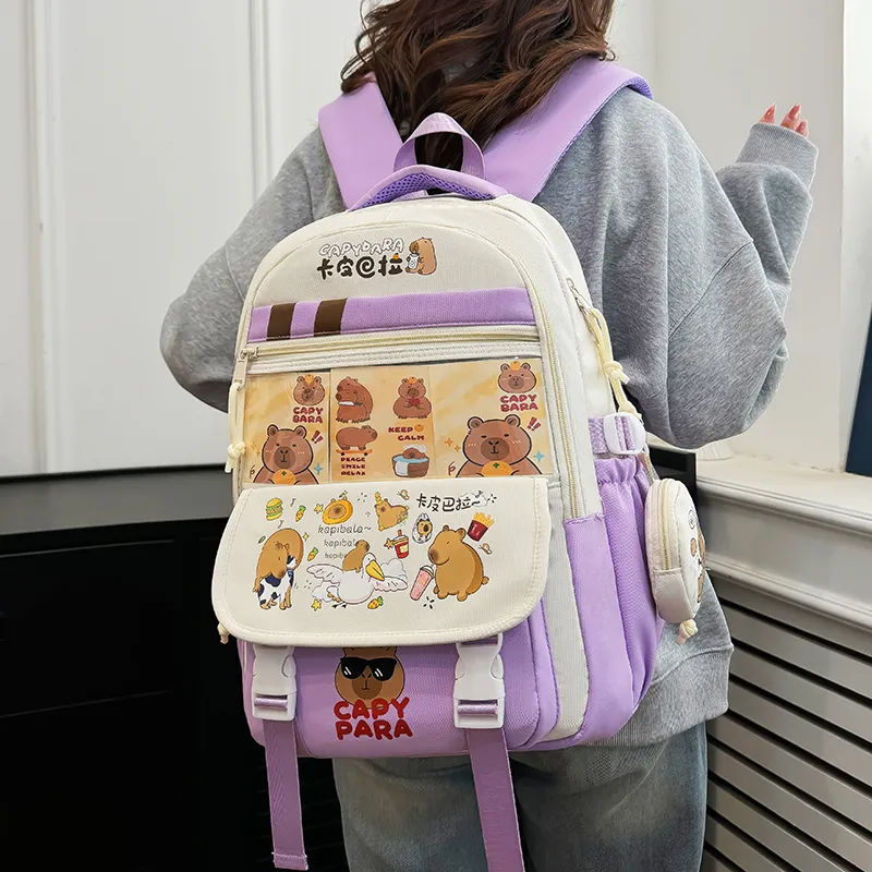 Deli Bear Nylon Fabric Backpack Regular Unisex Pink/Purple/Brown/Black/Blue-4