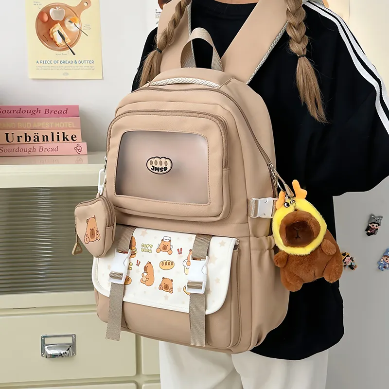 Deli Bear Polyester Backpack Unisex Pink/White/Yellow/Khaki/Black-16