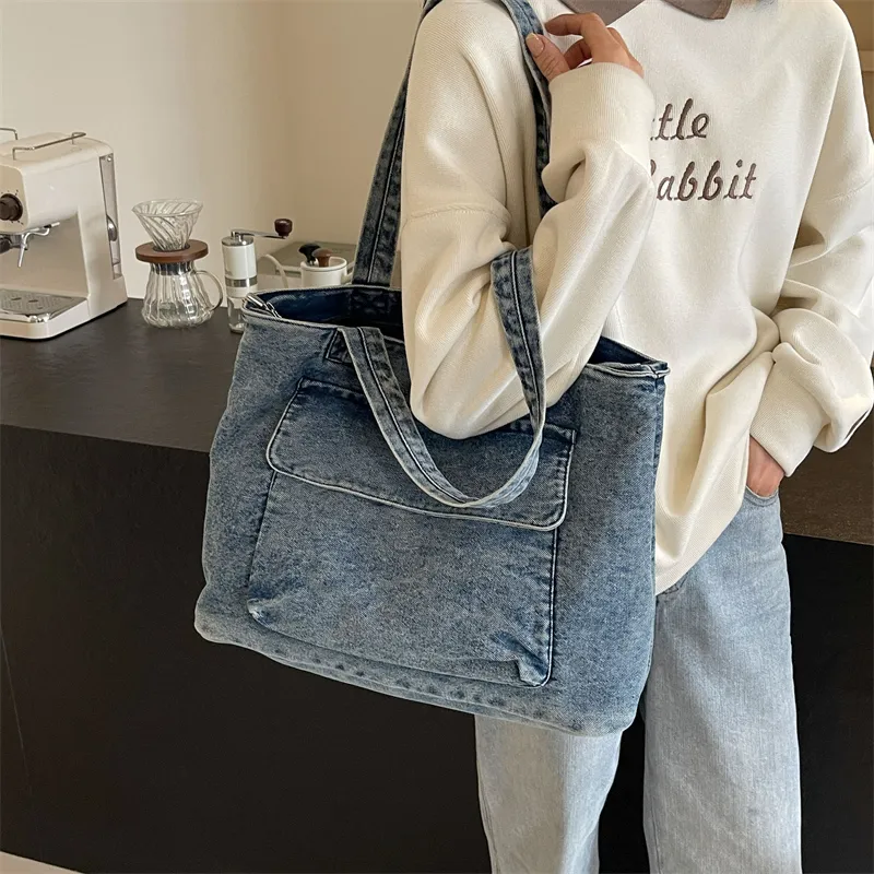 OUZIHUANG Denim One Shoulder Handbag Women's Dark Tea/Blue-16