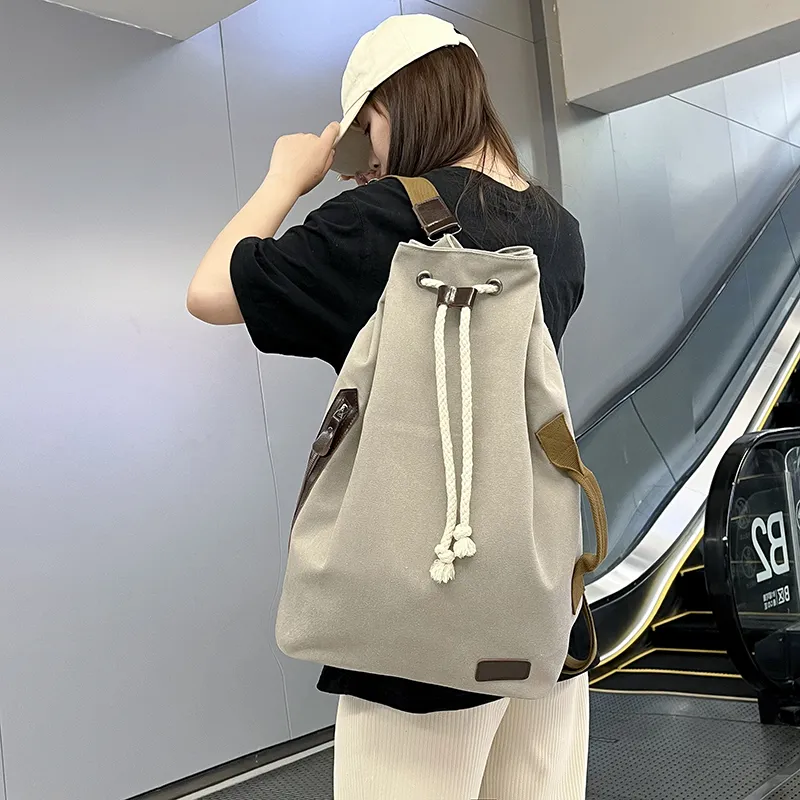 Deli Bear Canvas Backpack Unisex Light Gray/Black/Khaki-3