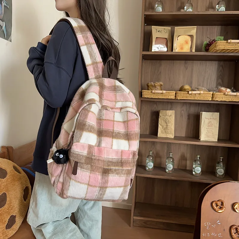 OUZIHUANG Woolen Backpack Regular Women's Pink/Green/Brown/Purple-3