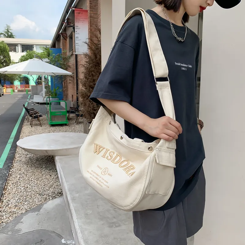 OUZIHUANG Canvas Bag, Shoulder Bag, Crossbody Bag Regular Unisex Black/Khaki/White-4