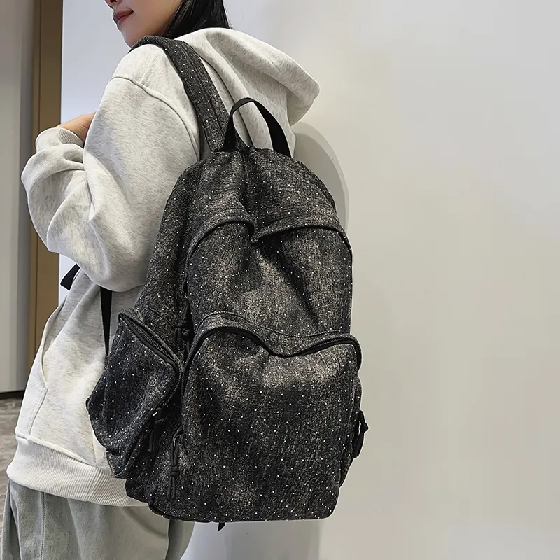 OUZIHUANG Denim Backpack Regular Unisex Black/Dark Blue/Light Blue-5