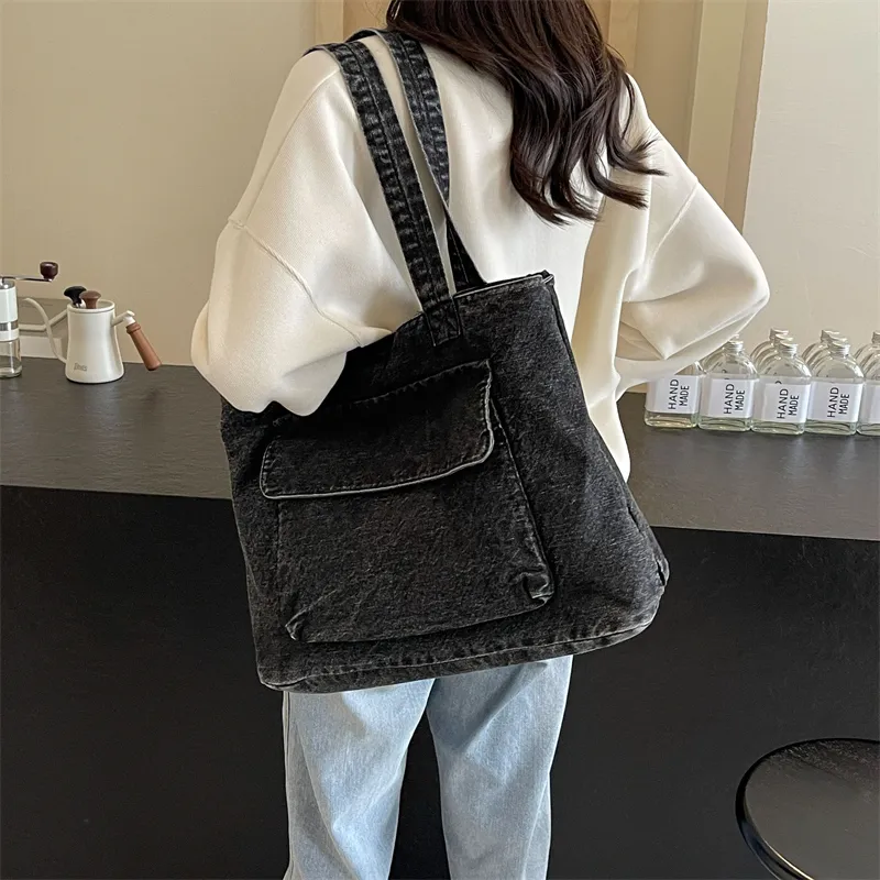OUZIHUANG Denim One Shoulder Handbag Women's Dark Tea/Blue-6