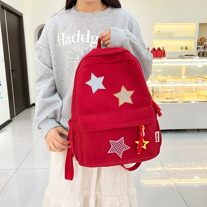 Deli Bear Corduroy Large Backpack Women's Red/Yellow/Khaki/White/Black/Green-3