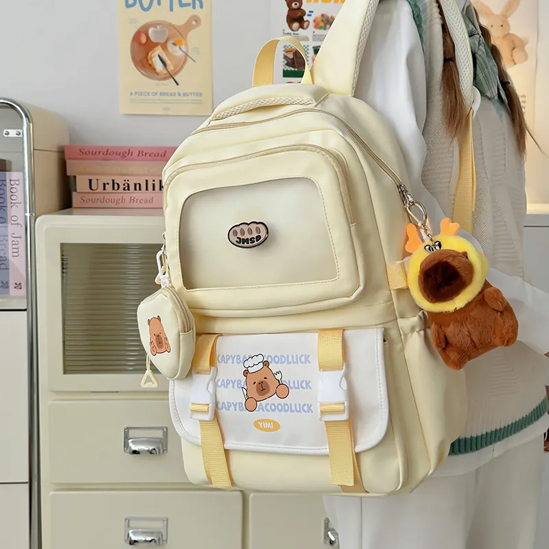 Deli Bear Polyester Backpack Unisex Pink/White/Yellow/Khaki/Black-12