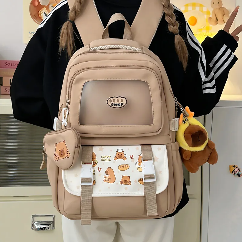 Deli Bear Polyester Backpack Unisex Pink/White/Yellow/Khaki/Black-17