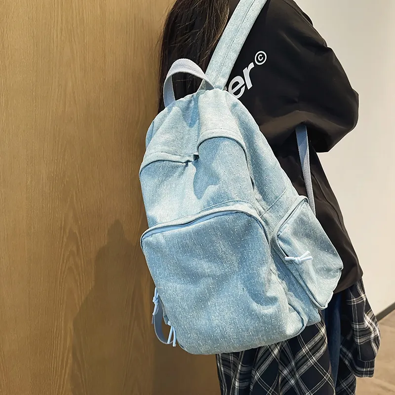 OUZIHUANG Denim Backpack Regular Unisex Black/Dark Blue/Light Blue-16