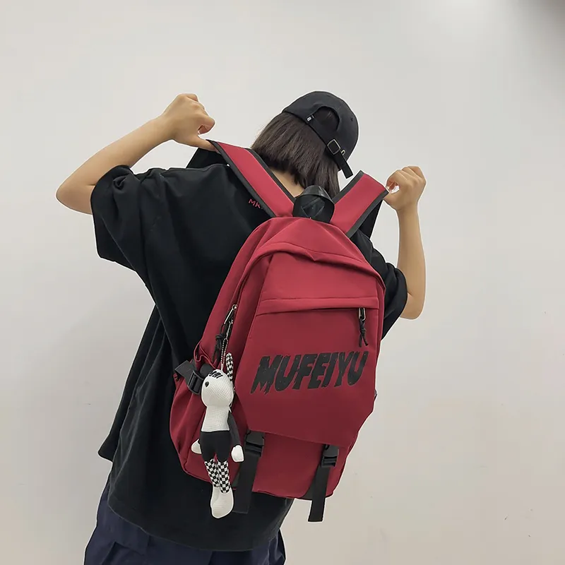 Deli Bear Nylon Fabric Backpack Regular Unisex Black/Red/White/Gray-3